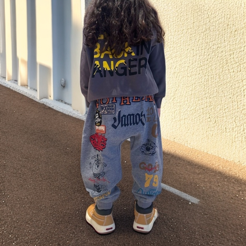 日系男童印花宽松加绒裤子中小童韩版哈伦裤男女宝宝运动休闲长裤