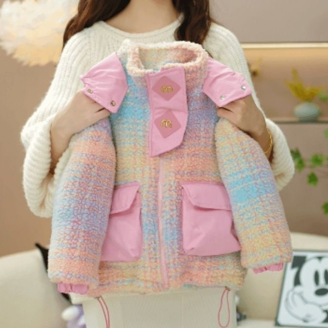 女童冬装棉衣2025新款时尚韩版彩虹毛毛衣外套中大童加绒加厚棉袄