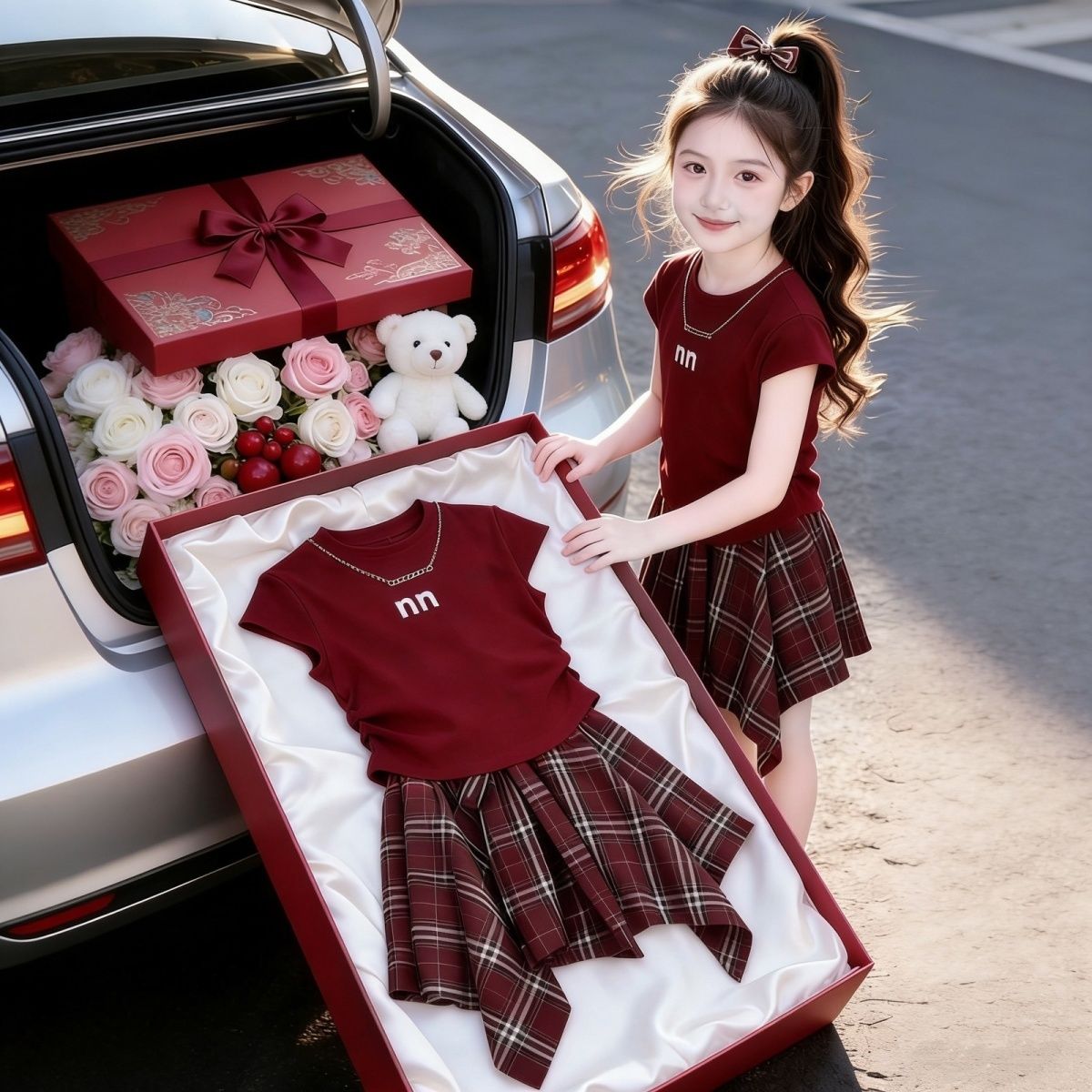 女童套装夏季新款中小童女宝韩版字母无袖背心洋气格子裙两件套潮