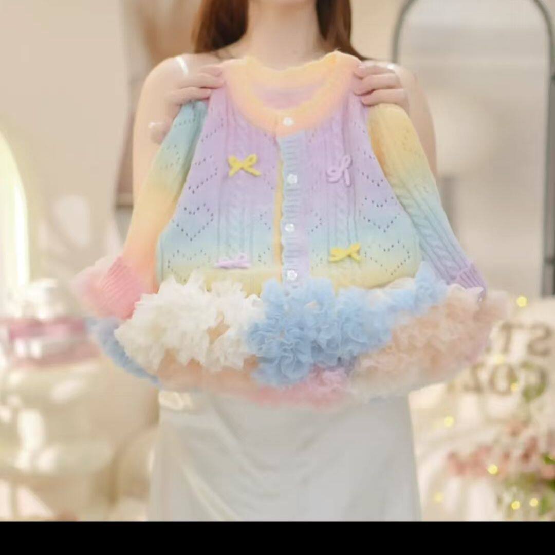 女童春秋新款韩系可爱公主套装宝宝彩色蝴蝶结开衫超蓬凸凸裙套装