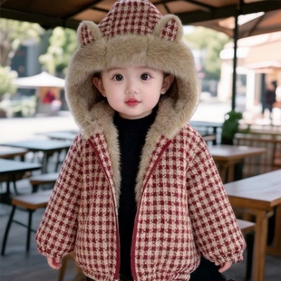 女童冬装外套2025新款洋气女孩秋冬款毛毛衣儿童冬季连帽防风上衣