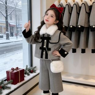 女童加绒撒银毛呢外套阔腿裤套装冬装2025新款一体绒小香风两件套