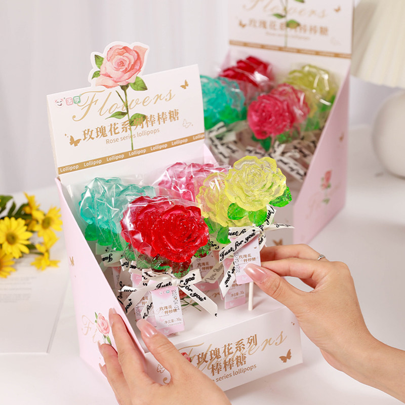 38女神节无蔗糖玫瑰花造型高颜值发光棒棒糖创意网红糖果零食整箱
