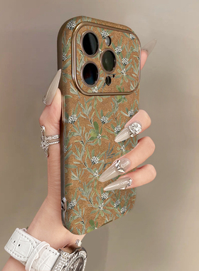 适用苹果17promax手机壳银灰色电镀翻毛皮棕iPhone16plus15pro新款14防摔13男12女款11高级可爱卡通绿叶碎花