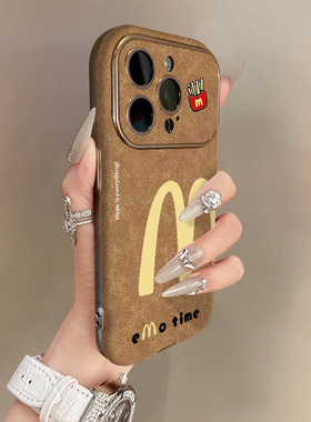 适用苹果17promax手机壳银灰色电镀翻毛皮棕iPhone16plus15pro新款14防摔13男12女款11高级可爱卡通大M薯条