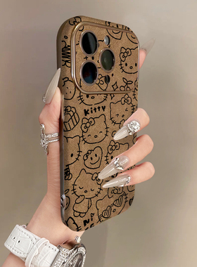 适用苹果17promax手机壳银灰色电镀翻毛皮棕iPhone16plus15pro新款14防摔13男12女款11高级可爱卡通线条凯蒂