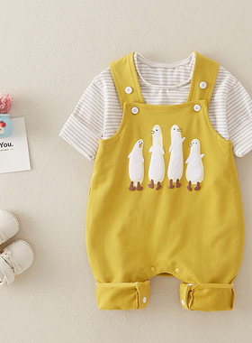 婴儿背带裤春秋卡通可爱宝宝裤子按扣开裆男宝女宝吊带裤黄色秋装