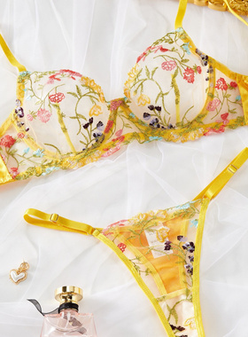 欧美性感黄色田园碎花文胸吊带透视蕾丝丁字裤两件套内衣套装