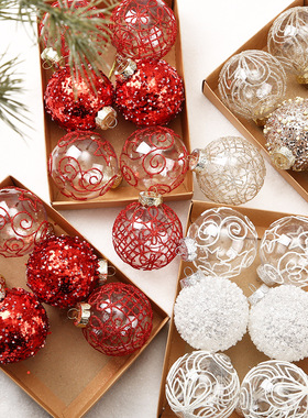 8cm/6pcs精品透明彩绘圣诞球套装圣诞节装饰品圣诞树挂饰