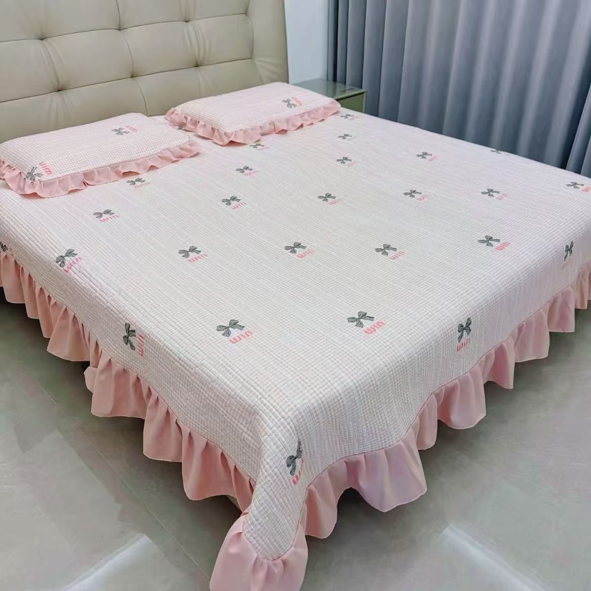 德国品质四季水洗床盖枕套夹棉花边三件套通用床裙柔软双面可机洗