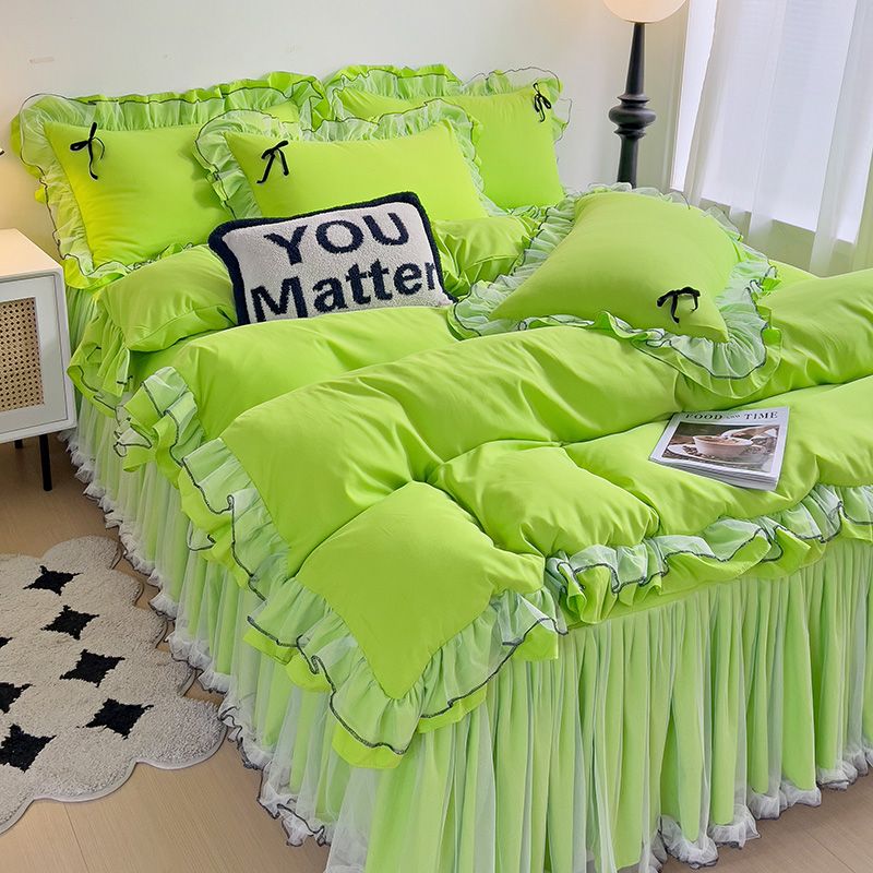 德国品质韩版公主四件套蕾丝花边纯色被套水洗少女床单荷叶床上用