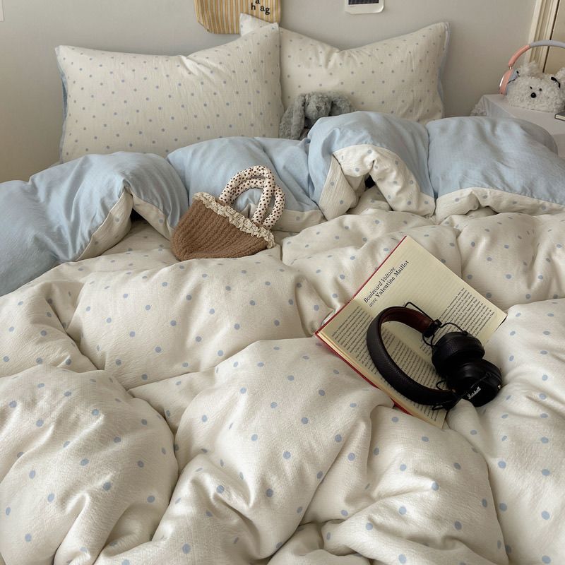 德国品质皱皱双层纱蓝色波点床上四件套非全棉纯棉被套床单学生宿