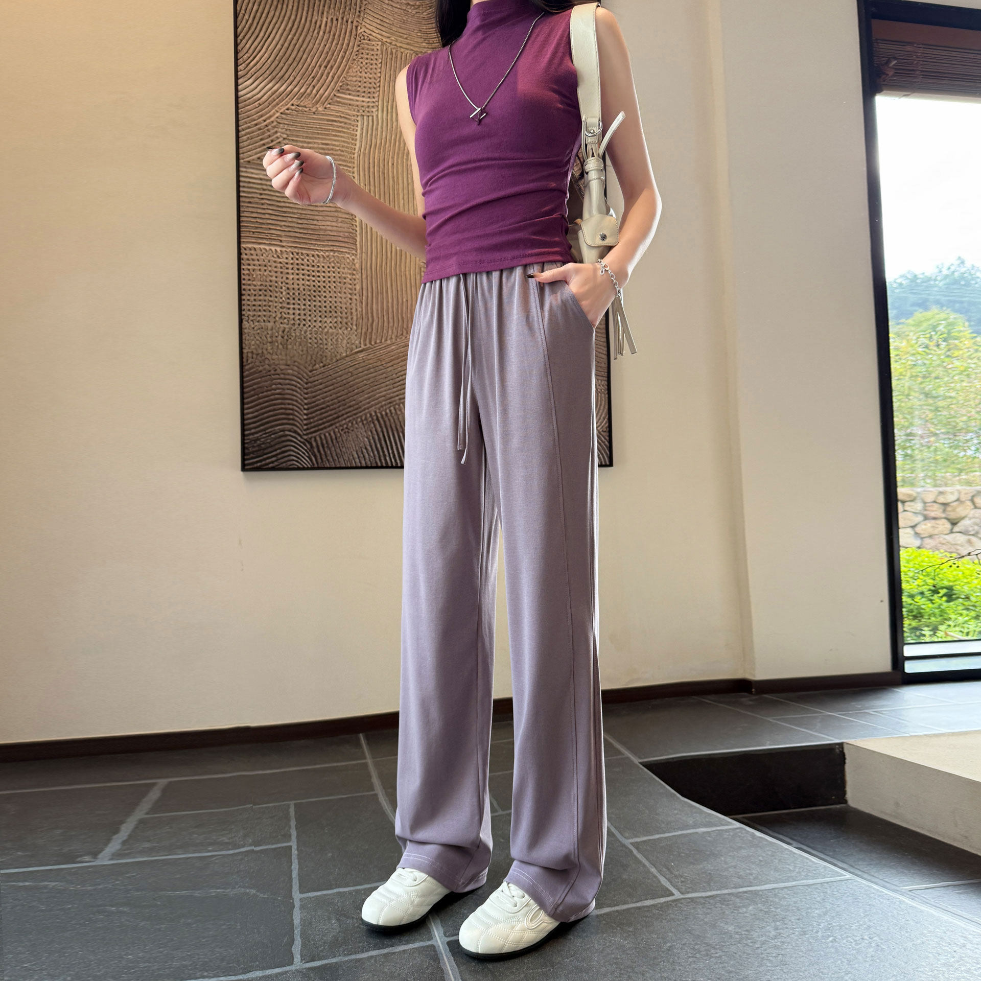 紫色阔腿裤女2026新款夏季薄款加长显瘦窄版直筒宽松运动休闲卫裤