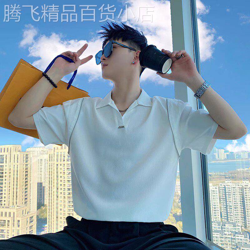 潮牌冰丝V领短袖t恤男士夏季2026新款白色半袖POLO衫休闲痞帅体恤