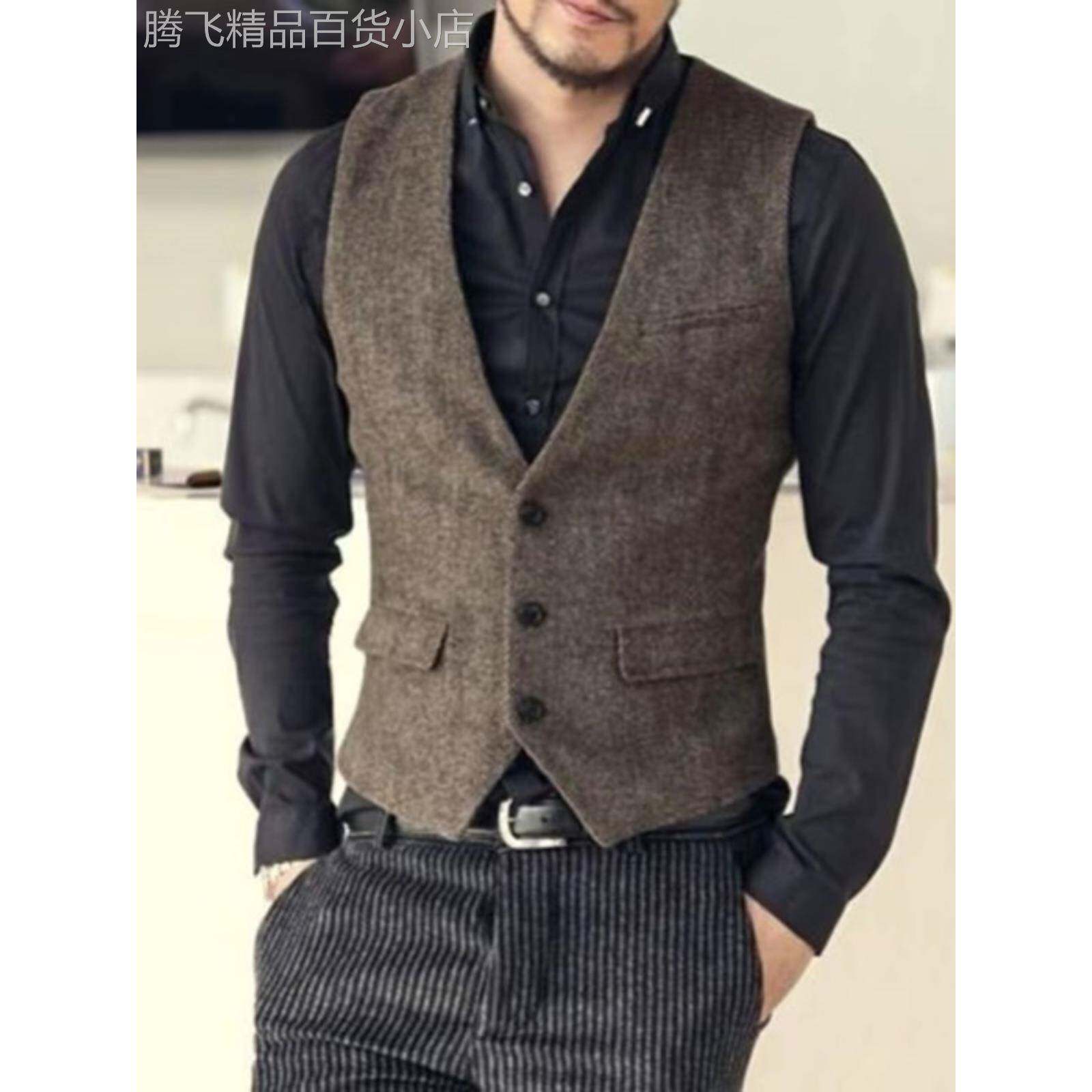 男士商务休闲西装马甲时尚英伦修身覆古上衣羊毛呢工装保暖背心潮