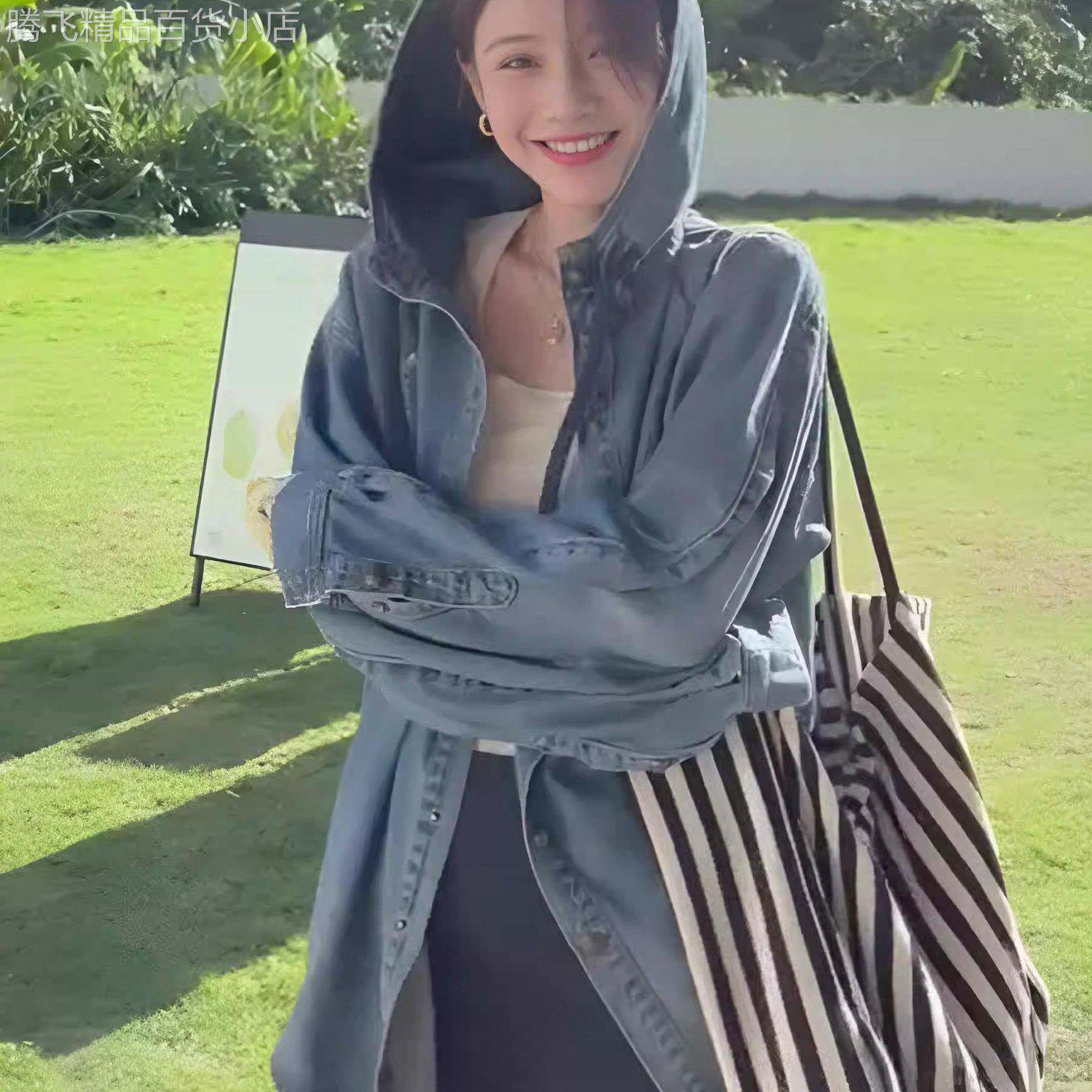 连帽牛仔衬衫女士长袖春秋薄款2026新款宽松慵懒风小个子外套上衣