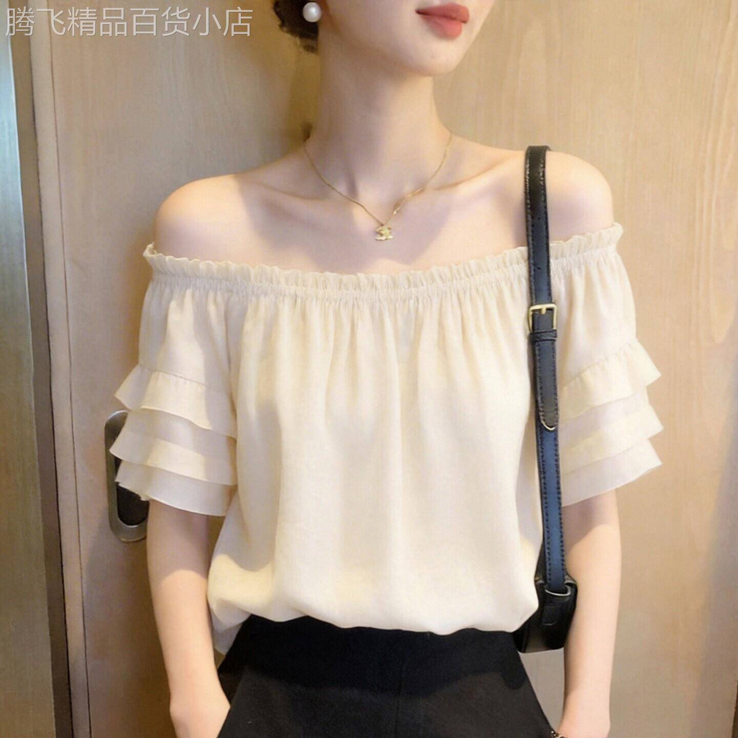 雪纺一字领露肩短袖上衣女夏季新款薄显瘦宽松荷叶边洋气小衫衬衫