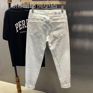 香港潮牌高端白色牛仔裤男春夏新款时尚小直筒修身潮流刺绣长裤子
