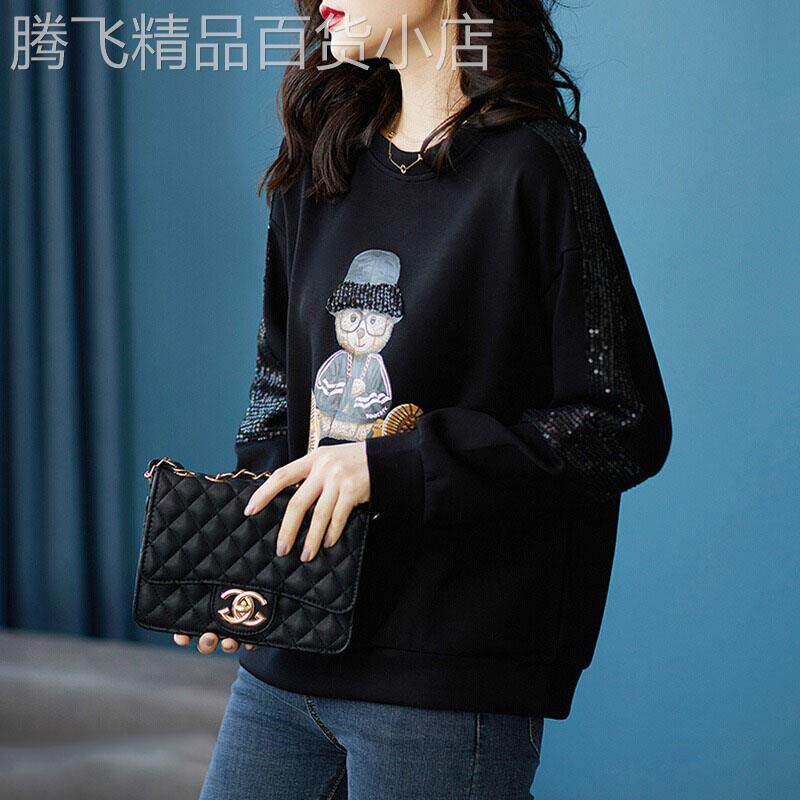 卫衣女春秋2025新款宽松圆领显瘦设计感小众亮片拼接印花时尚上衣