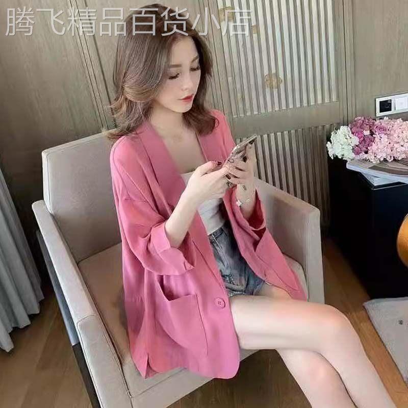 玫红色七分袖西装外套女夏季欧货薄款雪纺休闲西装一粒扣翻领上衣