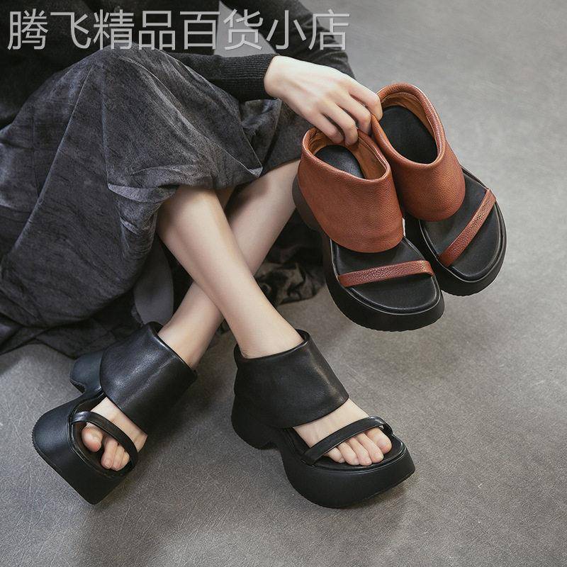 BAJEET/西班牙 洋派别致 复古风一字带真皮鱼口拖鞋时尚小众女鞋
