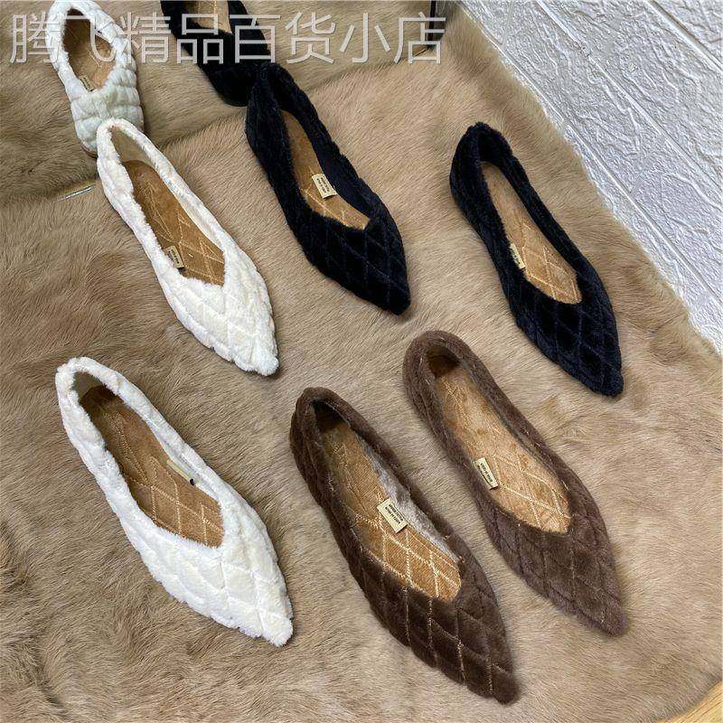 香港冬季新款小香风尖头菱格平底单鞋女外穿加绒毛毛鞋百搭豆豆鞋