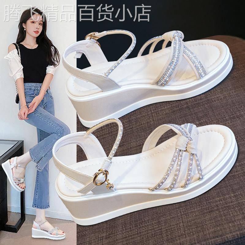 凉鞋女鞋2025夏季新款莱茵石楔形平台高跟鞋厚底外套,美丽和不累