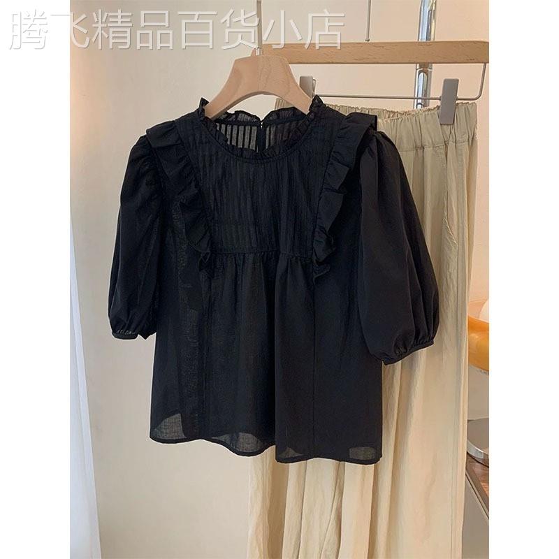 法式黑色棉麻泡泡袖短袖衬衫女夏季新款荷叶边娃娃衫立领短款上衣