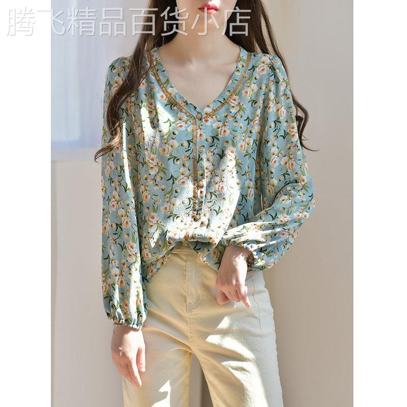 碎花真丝衬衫女长袖2021新款桑蚕丝上衣V领衬衣小众复古印花时尚