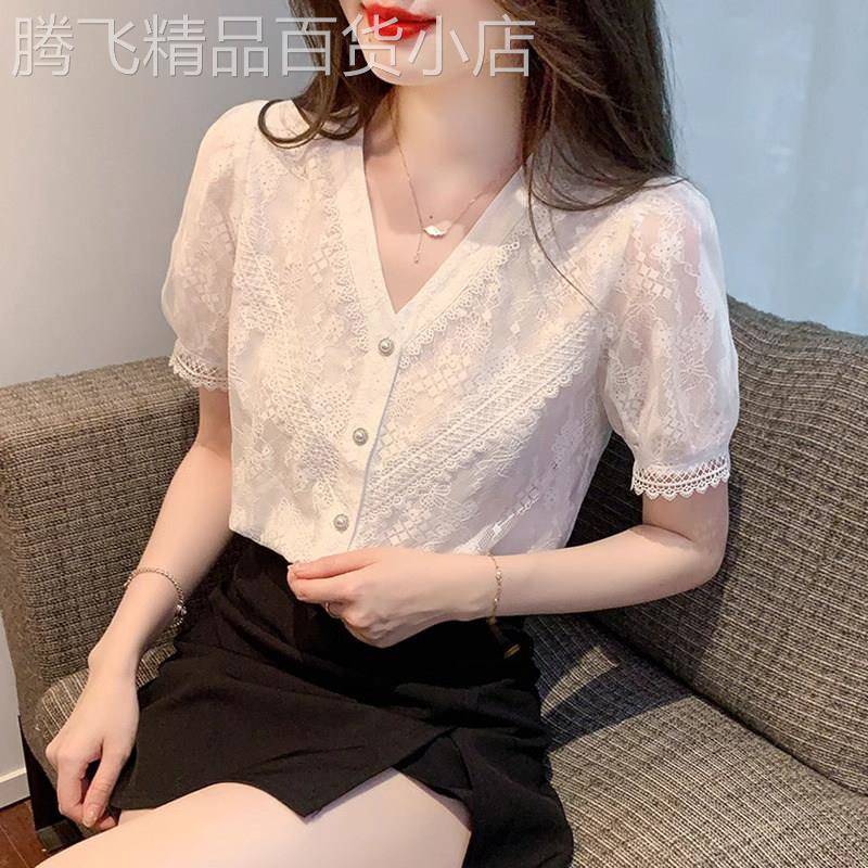 潮牌V领短袖蕾丝雪纺衬衫女2026夏季新款气质减龄小衫泡泡袖上衣