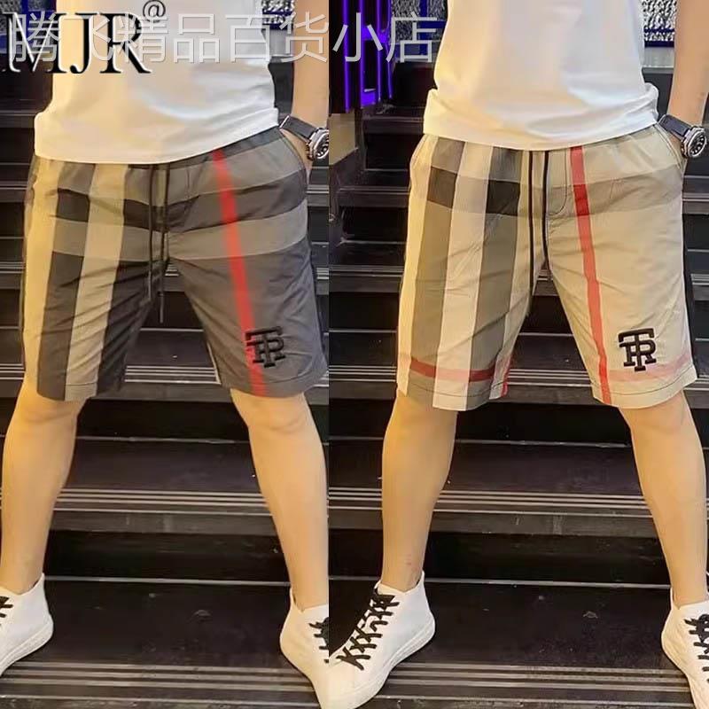 潮牌男士格子冰丝短裤夏季薄款男裤子5分外穿休闲裤时尚沙滩裤男
