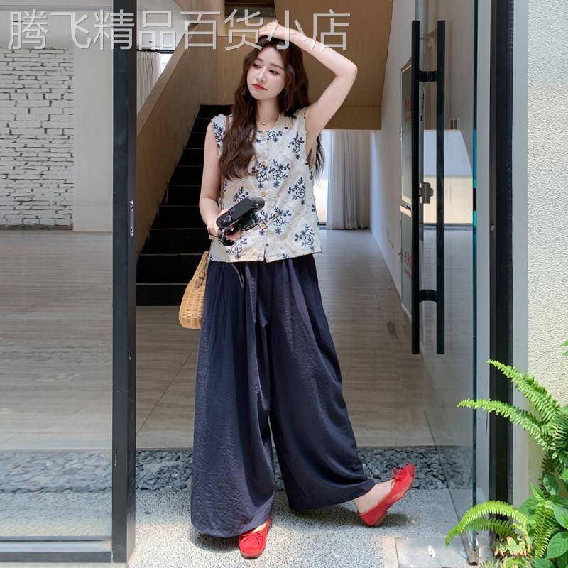森系文艺复古棉麻刺绣无袖背心阔腿裤套装女2026夏季慵懒风两件套