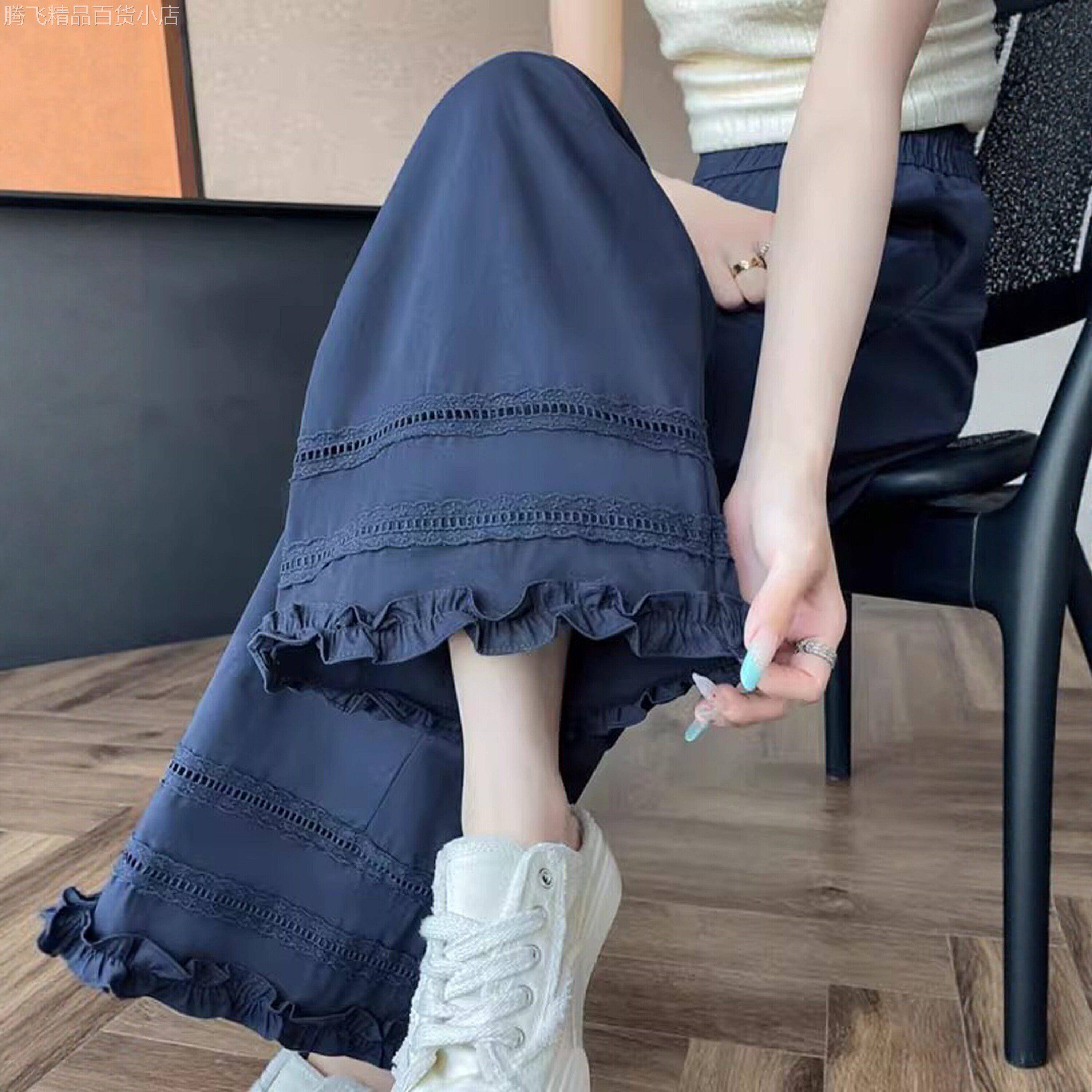 专柜蕾丝花边冰丝棉麻阔腿裤女夏季薄款高腰直筒显瘦休闲九分裤子