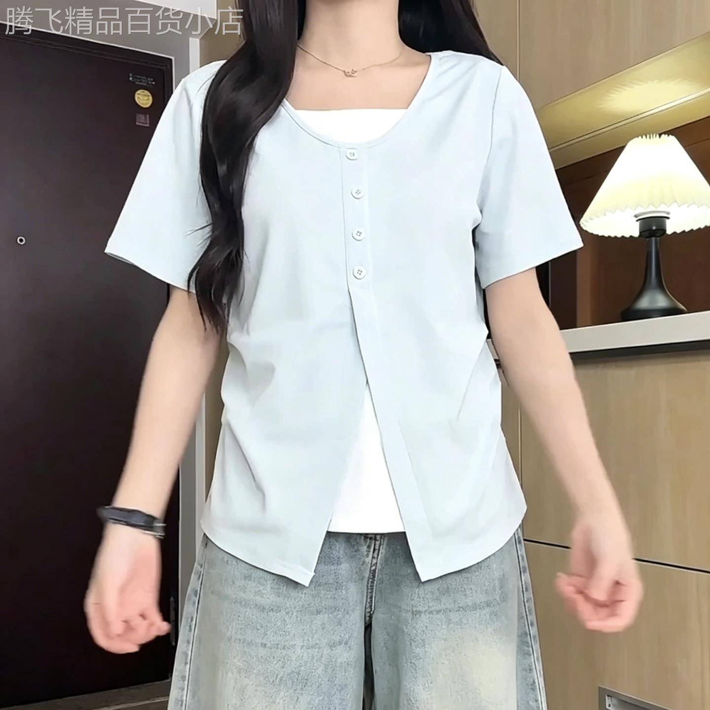 胖mm大尺码撞色拼接圆领短袖T恤女2026夏季新款宽松百搭假两件上