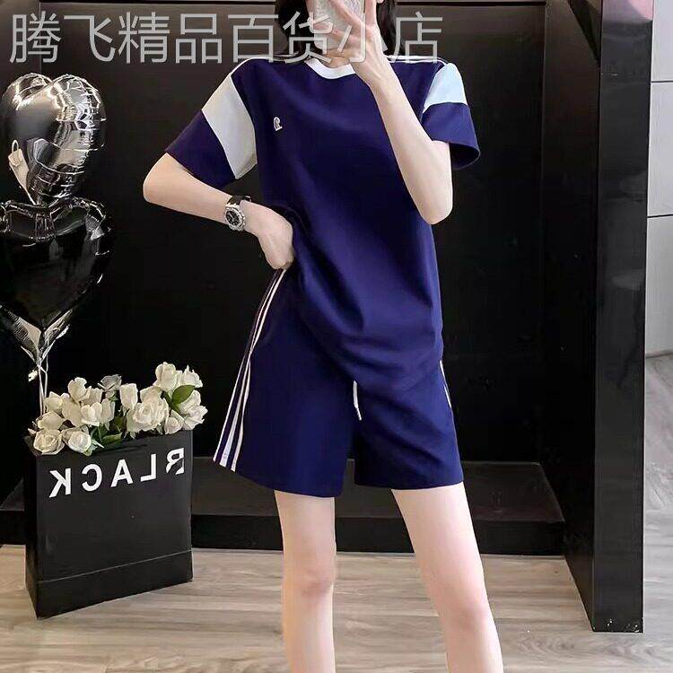 蓝色洋派时尚短袖套装女夏2025韩版潮休闲 短裤两件套宽松运动跑