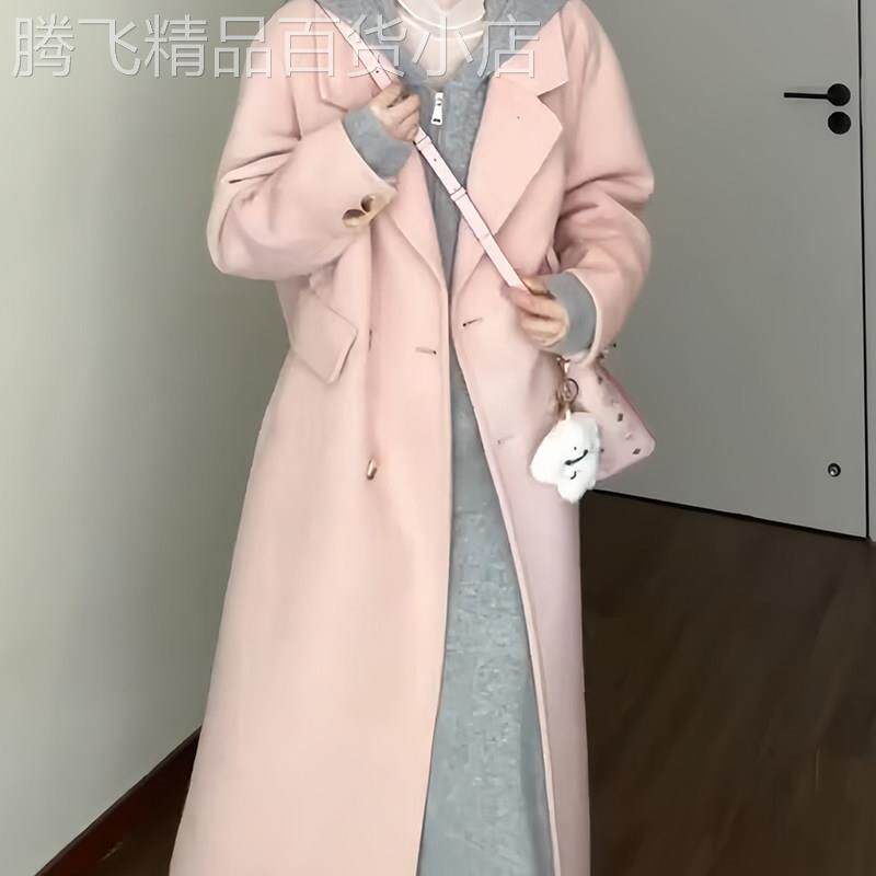 老钱风粉色羊毛呢子西装大衣女25秋季小个子高级感长款毛呢外套冬