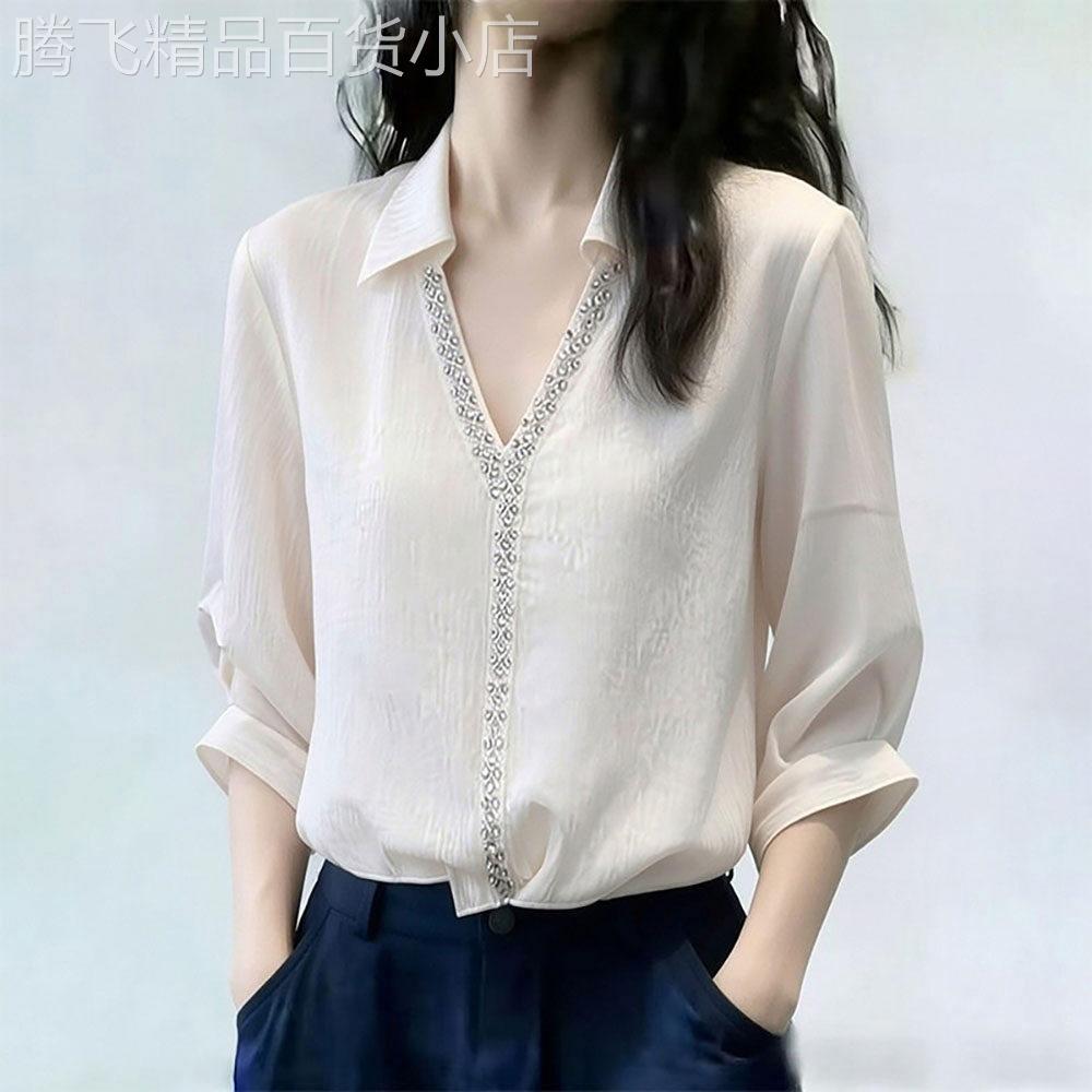 法式V领短袖衬衫女夏季2026新款高级感重工烫钻宽松显瘦上衣衬衫