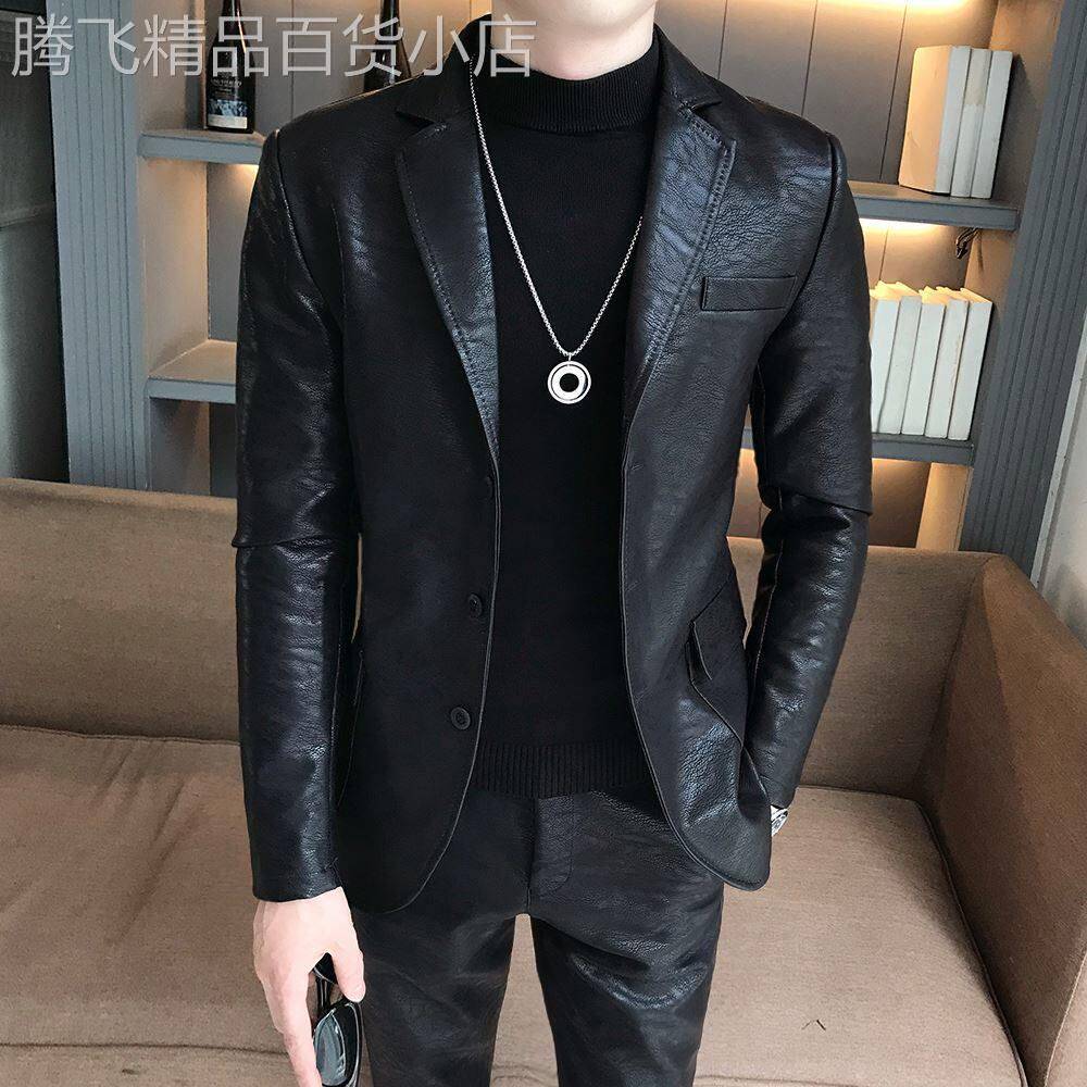 潮牌皮西装外套男春秋季2025新款韩版潮流商务休闲男士皮西服套装