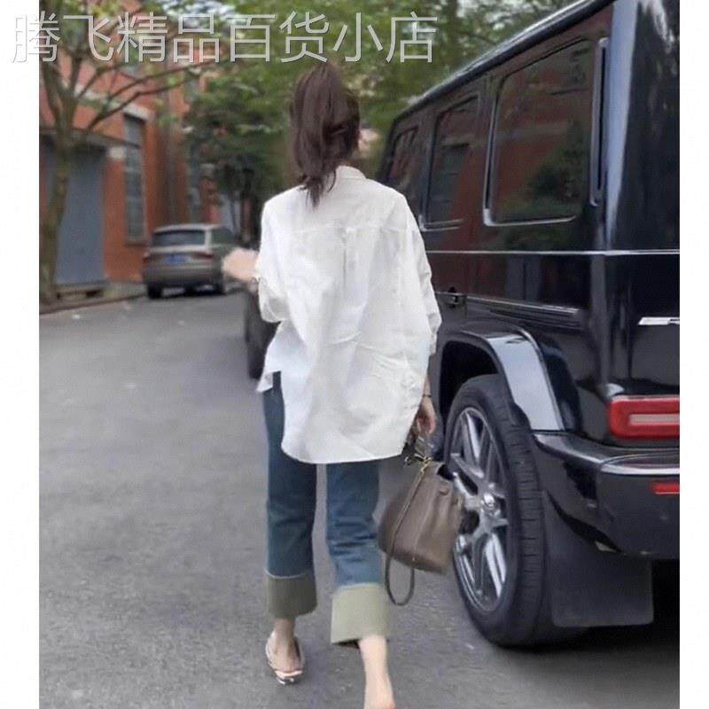 白色衬衫女春秋季欧货polo翻领衬衣中长款小个子叠穿上衣大码开衫