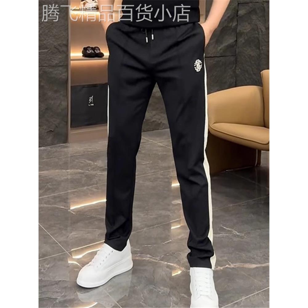 潮牌刺绣休闲裤男春季新款百搭显瘦运动裤直筒高端竖条纹拼接长裤