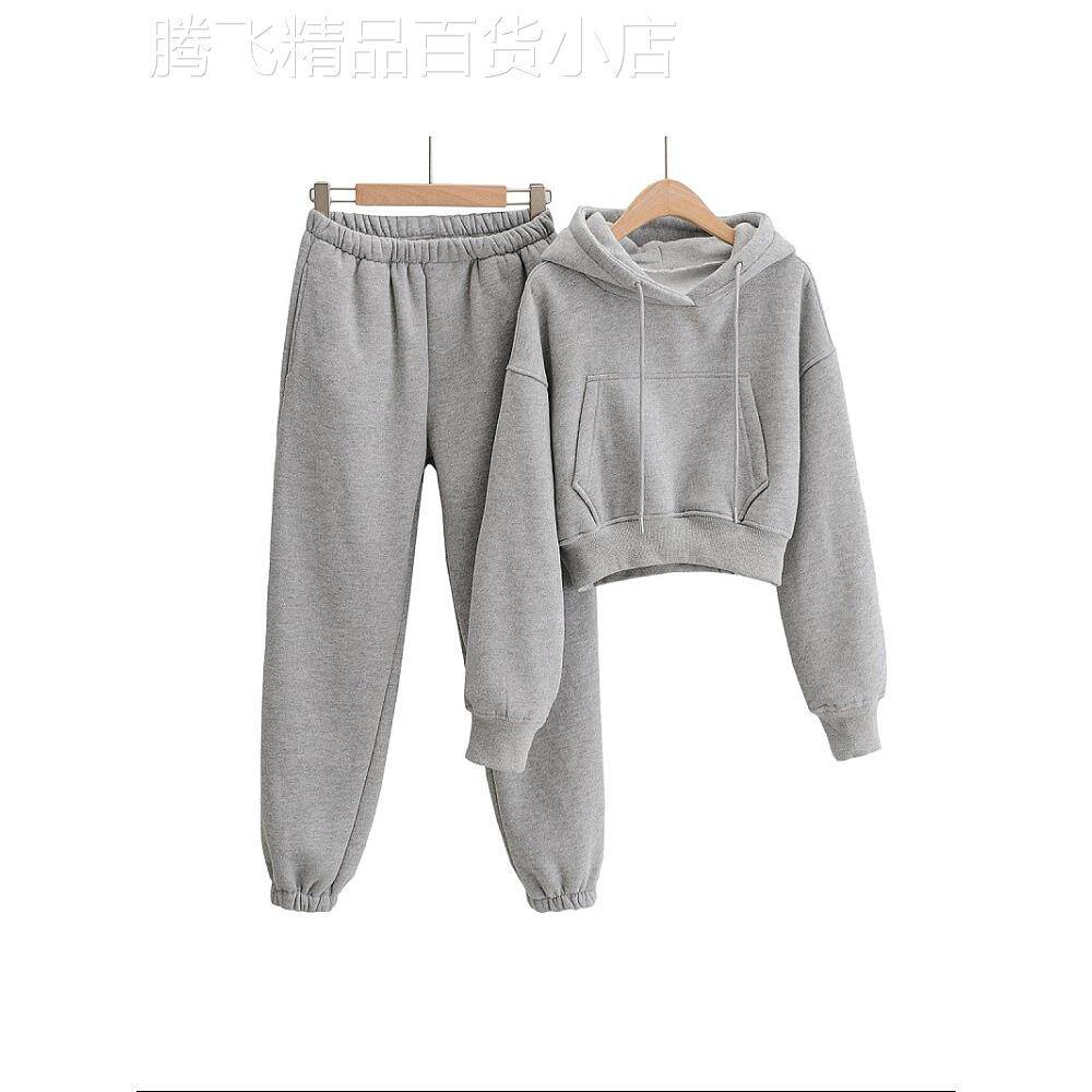 韩国灰色运动休闲套装女秋冬新款时尚连帽宽松卫衣卫裤加绒两件套