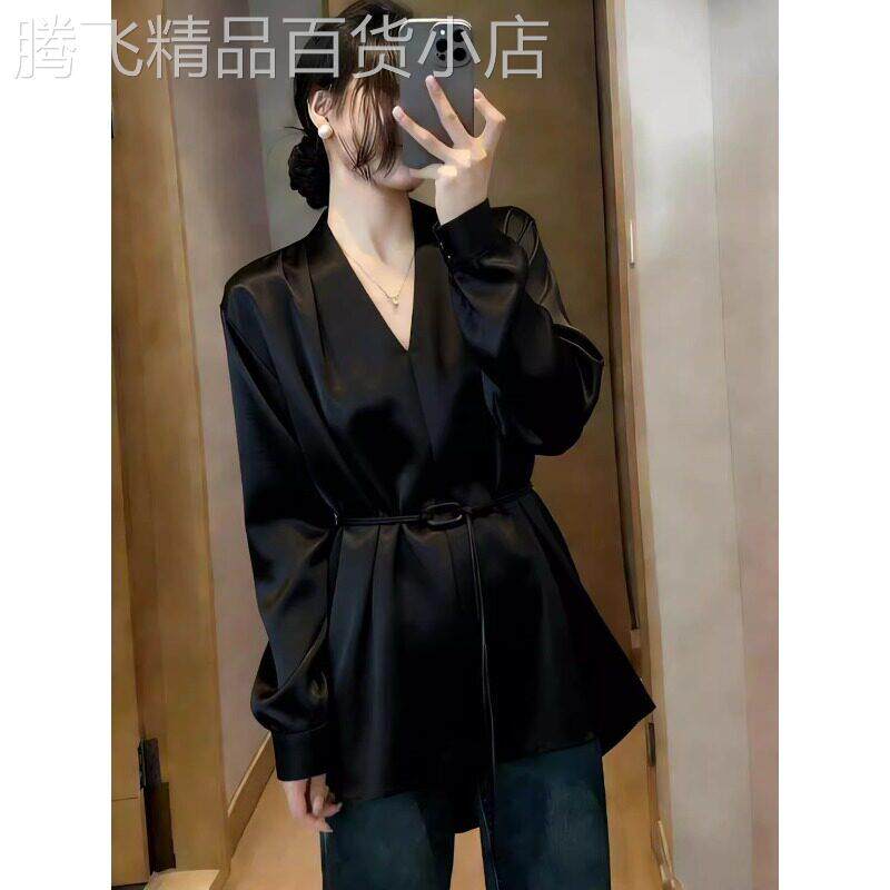 醋酸缎面衬衫女春秋2026新款高级感大码中长款V领正肩长袖t恤上衣