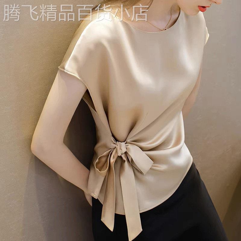 醋酸缎面短袖t恤女夏季2026新款设计感蝴蝶结修身薄款一字领上衣