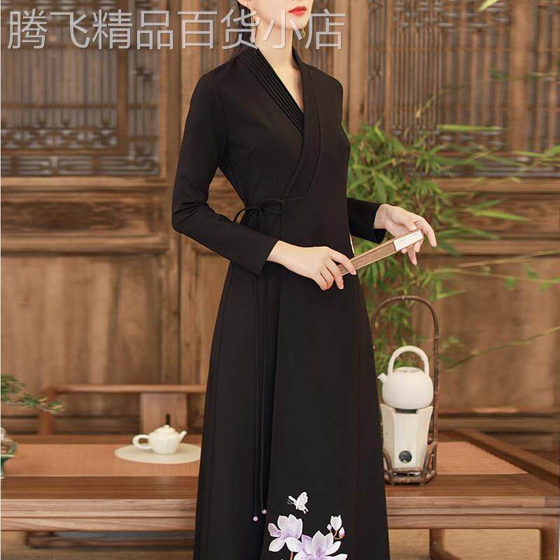 刺绣茶艺服装改良汉服交领旗袍连衣裙中国风女装中式长袍茶服女秋