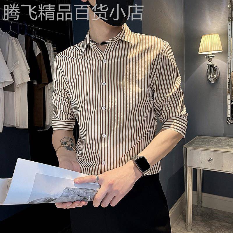 条纹短袖衬衫男士2026夏季新款潮牌痞帅休闲修身高级感七分袖上衣