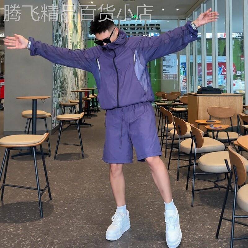高端透视网纱拼接防晒衣休闲套装男士2026新款夏季短裤运动服男装
