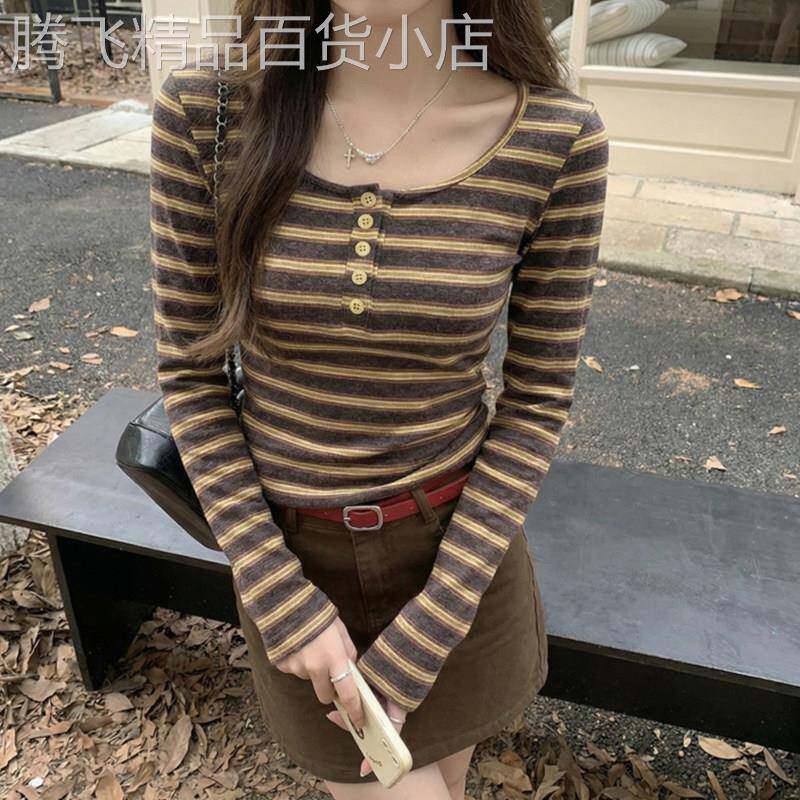 复古港味chic半开领纽扣条纹长袖女秋冬德绒打底衫小个子修身上衣