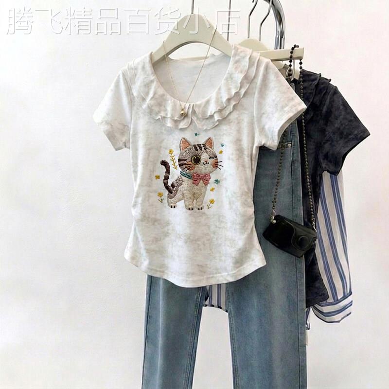 超好看卡通小猫印花V领荷叶边正肩短袖T恤女夏季修身显瘦扎染上衣