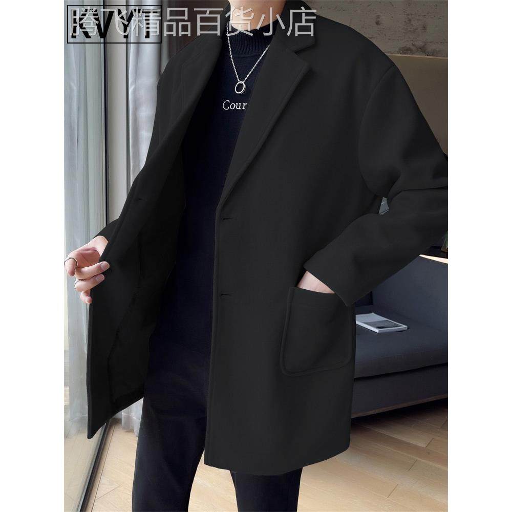 潮牌男士黑色毛呢大衣2025新款高级感中长款加厚风衣男装冬装外套