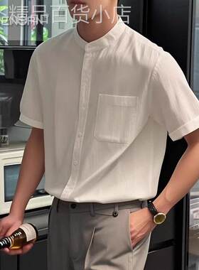 新中式立领白色短袖衬衫男士2025新款夏季轻熟风穿搭纯棉衬衫男款